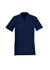 A navy blue women's tunic featuring a henley-style collar, short sleeves, and side pockets.