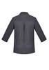 A women's charcoal grey button-up shirt with 3/4 sleeves and a back pleat, featuring a collar.