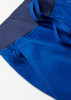 A close-up of women's scrub pants featuring a slim leg design in vibrant blue with a navy waistband and ties.