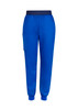 Slim leg jogger scrub pants in vibrant blue with an elastic waistband and side pocket. Features a logo.