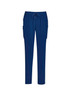 Navy blue women's slim leg scrub pants with pockets and a drawstring waist. Includes branding details.