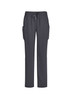 A pair of women's straight leg scrub pants in a dark grey colour with side pockets and a drawstring waist.