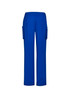 Bright blue women's straight leg scrub pants with side pockets and an elastic waistband. Features a logo.