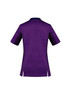 A purple women's scrub top with short sleeves and side slits, featuring a logo on the back.
