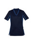 A women's scrub top in navy blue with short sleeves and a V-neck design, featuring a pocket and contrasting side panels.