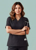 A black scrub top for women featuring a V-neck, short sleeves, and a breast pocket, with a stethoscope.