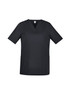 A women's scrub top in dark black, featuring short sleeves and two front pockets. It has a logo present.