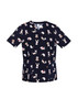 A navy scrub top featuring various playful animal prints and a logo on the fabric. Ideal for uniform wear.