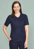 A navy blue women's scrub top with a zip front and crossover design, featuring short sleeves and pockets.