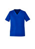 A blue women's scrub top with a V-neck, featuring short sleeves and two front pockets. It has a logo on it.