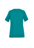 Teal women's scrub top with a round neck and short sleeves, featuring a minimalist design and a fitted silhouette.