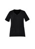 A round neck women's scrub top in black with short sleeves and two front pockets.