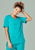 A women's scrub top in teal with a round neck, featuring short sleeves and front pockets.