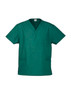 A green unisex scrub top with a v-neck, short sleeves, and a chest pocket, featuring two side pockets and a logo.