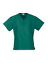 A teal scrub top with short sleeves, featuring a V-neck and two front pockets. Includes a logo.