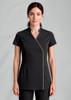 A black women's crossover tunic with a slim fit, featuring short sleeves and white trim, has a logo on the left side.