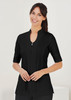 A black women's tunic with a zippered front and short sleeves, featuring a sleek design and a fitted silhouette.