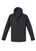 A dark grey rain jacket featuring a hood and zip pockets, with a blue inner lining and a noticeable logo.