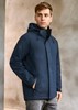 A navy blue men's jacket with a hood, featuring a zipper and drawstring adjusters. It has a logo on the chest.