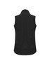 A black women's vest with a fitted design and collar, featuring a logo on the back.