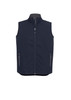A men's vest in navy featuring a zip front, high collar, and zippered side pockets. It has a branding logo.