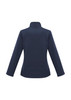 A women's soft shell jacket in navy blue, featuring a high collar and long sleeves. Branding is present.