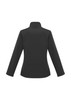 A black women's soft shell jacket featuring a high collar and long sleeves. It has a logo on the back.