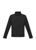 A black soft shell jacket with a zippered front, featuring a collar and long sleeves, with pockets.