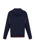 A men's soft shell jacket in navy with red accents and a hood, featuring a logo on the side.