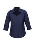 A navy blue ladies' 3/4 sleeve shirt with a collar and buttons, featuring a logo on the label.