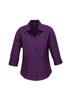 A purple women's 3/4 sleeve shirt with a collar and button-up front, featuring a logo.