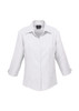 A white women's shirt with 3/4 sleeves and a collared neckline, featuring a logo.