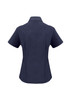 A navy blue women's short sleeve button-up shirt with a collared neckline and a fitted design at the back.