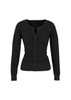 A women's black Merino cardigan featuring a button-up front and long sleeves, with a fitted design.