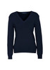 A women's navy V-neck knitted pullover featuring long sleeves and a relaxed fit.