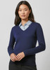 A women's navy Milano pullover sweater with a V-neck and long sleeves, featuring a logo on the chest.