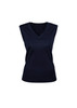 A navy women's vest with a V-neck and sleeveless design, featuring a fitted ribbed hem and a logo.
