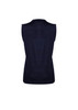 A navy women's vest with a sleeveless design and ribbed detail at the hem, featuring a branding logo.