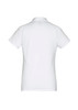 A white women's short sleeve polo shirt with a plain back and a logo on the neckline.