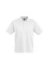 A white short sleeve polo shirt with a collar and buttons, featuring a logo on the chest.