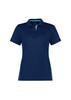 A women's short sleeve polo shirt in navy blue with light blue accents and a logo on the chest.