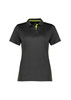 A women's short sleeve polo shirt in black with green accents and a logo.
