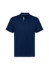 A navy blue men's short sleeve polo shirt with a subtle logo and light blue accents on the collar and sides.