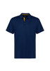A navy blue short sleeve polo shirt featuring yellow accents and a logo on the chest.