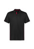 A black short sleeve polo shirt featuring red accents and a logo on the chest. Suitable for casual wear.