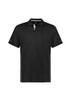 A black men's short sleeve polo shirt with a contrasting collar and side detailing, featuring a logo.