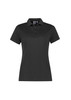A women's short sleeve polo shirt in black, featuring a classic collar and button placket. It has a logo on the chest.