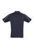 A navy blue short sleeve polo shirt featuring contrasting stitching and a logo on the chest.