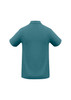 A teal men's polo shirt with short sleeves and a classic collar, featuring a branding logo.