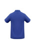 A blue crew men's polo shirt with short sleeves and a classic collar, featuring a logo on the back.